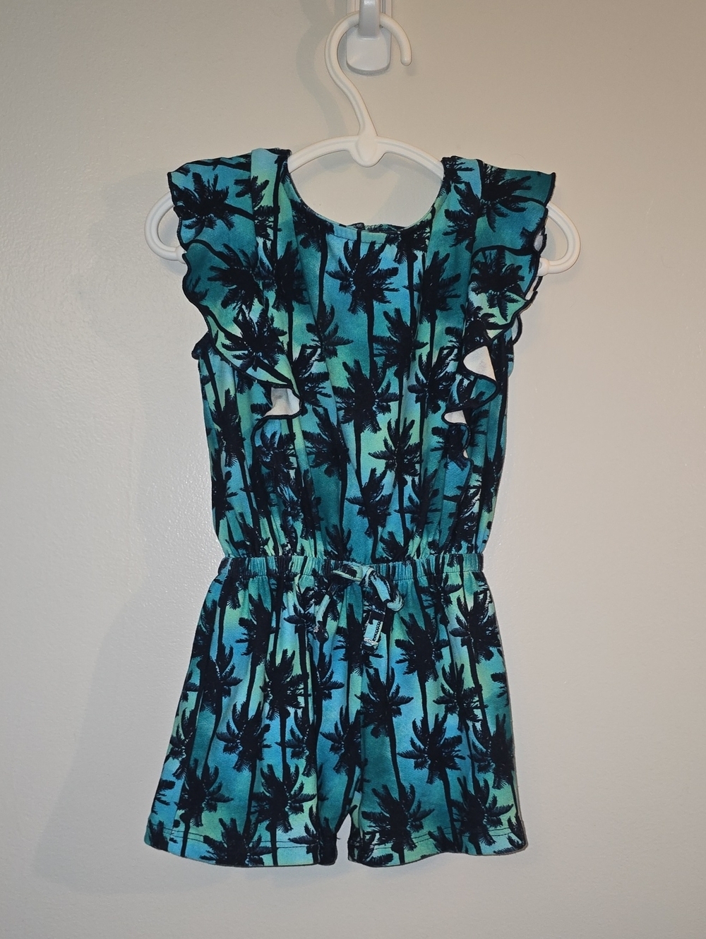 Falls Creek Teal & Black Palm-Print Ruffle Romper